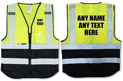 Personalisierte Salzmann 3M Warnweste mit Text oder mehrfarbigem Logo und mehreren Taschen, hergestellt mit 3M Reflektierendem Material - Gelb Marineblau hochsichtbar Sicherheitsweste Arbeitsweste