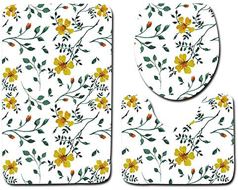 EU-VV Rutschfeste Bad-WC-Matte + U-Form Mat + WC-Sitzbezug,Kunstblume Fußmatte Bodenmatte Saugfähige Matten Badteppich Schlafzimmer Wohnzimmer Küche Dekoration (Blume 05)