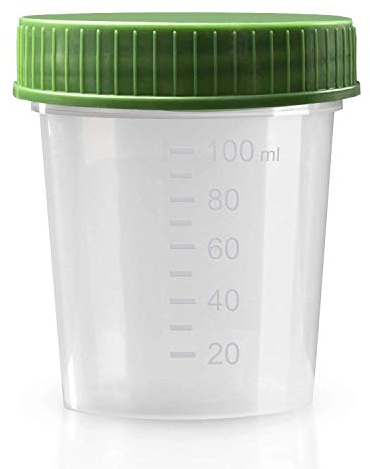Urinbecher Premium Grün 100 Stück | 125 ml Fassungsvermögen bis 100 ml graduiert | auslaufsicherer und gefriertauglicher Urinprobenbecher mit Schraubdeckel | mattiertes Schriftfeld auf dem Becher