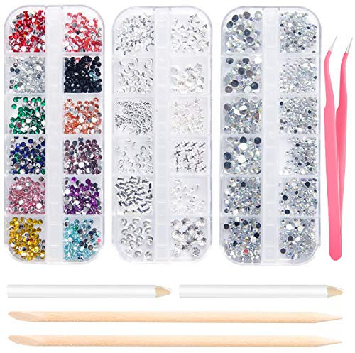 Strasssteine Nagel Kunst Nail Gems 3 Boxen, flache Nagelkristalle Klare Strasssteine Mischen Sie die Größen mit 2 Strass Picker Tool Pens, 2 Nail Wooden Sticks und 1 Pink Tweezer