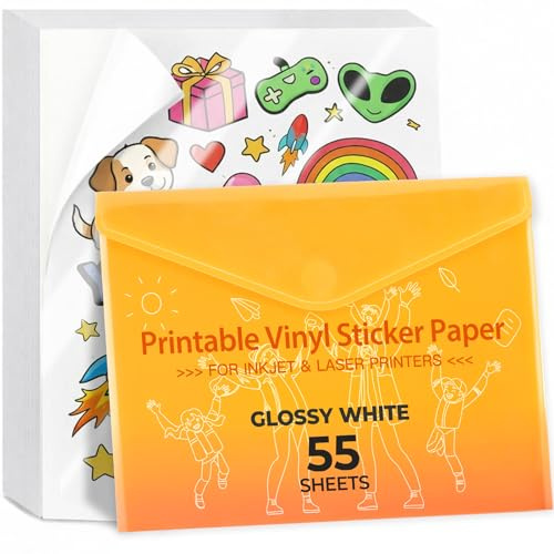 JANDJPACKAGING Premium bedruckbares Vinyl-Aufkleberpapier – für Tintenstrahl- und Laserdrucker – glänzendes, weißes, wasserfestes bedruckbares Vinyl – trocknet schnell und hält Tinte schön