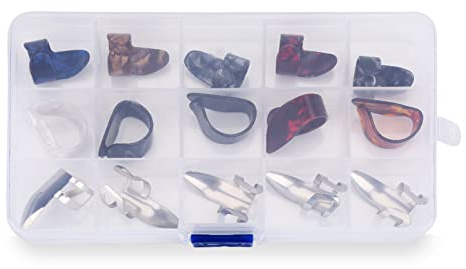 Demeras Fingerpicks für Gitarre und Ukulele, 15 Stück, Premium-Metall-Fingerpicks mit Schutzhülle und Aufbewahrungsbox