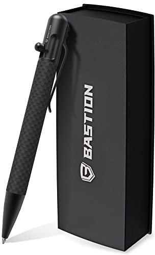 BASTION Carbon Fiber Bolt Action Pen with Gift Case - Black Stainless Steel Core Executive Luxury Retractable Metal Ink EDC Office Business Pocket Ballpoint for Men & Women