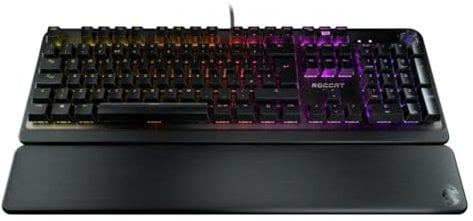 ROCCAT Pyro Mechanische PC-Gaming-Tastatur, RGB-Beleuchtung, AIMO-Beleuchtung, kabelgebundene Computer-Tastatur, abnehmbare Handgelenk-/Handballenauflage, lineare rote Schalter, gebürstete