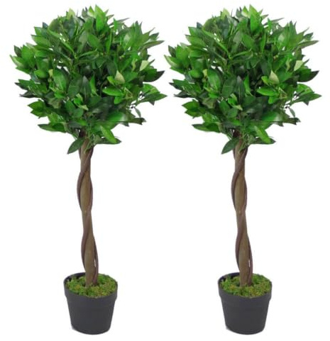 Leaf Design UK Pair of Artificial Bay Topiary Ball Trees, Green Twist, 90cm (3ft)