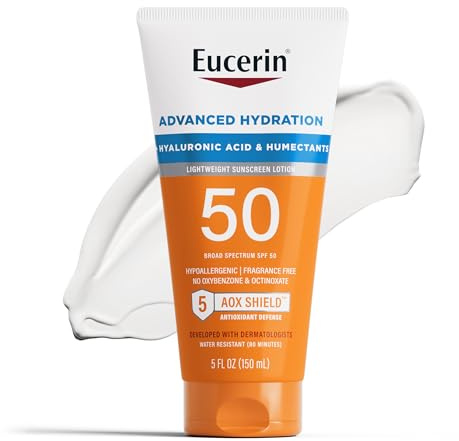 Eucerin Sun Advanced Hydration SPF 50 Sunscreen Lotion, Lightweight Sunscreen with Hyaluronic Acid and Humectants, Hypoallergenic, Fragrance Free, No Oxybenzone or Octinoxate, 5 Fl Oz Tube