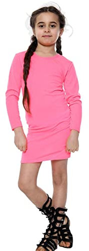 janisramone Robe moulante pour filles, manches longues, uni, col rond, décontractée, longueur genou, tunique extensible, mini haut, rose fluo