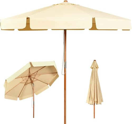 RELAX4LIFE Sonnenschirm Ø300cm, Strandschirm Knickbar, Gartenschirm mit 8 Schirmrippen aus Holz, Marktschirm Sonnenschutz & Wasserabweisend, Angelschirm für Garten & Terrasse & Strand (Beige)