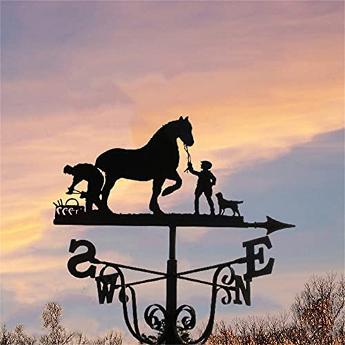 Kaefen Wetterhahn Gartendeko,Bauer-und-Pferd Wetterfahne Gartenpfahl,Metall Eisen Kunstdekor Dekorative Windfahne,Betreff Dach Deko,für Garten Rasen Terrasse-Hof Ornament, Schwarz, 50x30cm
