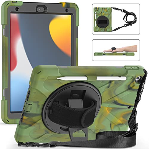 UFinetech Coque pour iPad 9eme Generation, Coque pour iPad 10.2, 8eme/7eme Generation, Support/Dragonne Rotation à 360° Bandoulière Porte-Crayon, Antichoc Étui pour iPad 2021/2020/2019, Camouflage