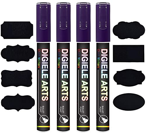 DIGIELE Kreidestift Lila, 4 Stücke Lila Kreidestifte 3mm + 16 Tafel Labels, Reversibel Dünne oder Mittlere Spitze, Trocken oder Feucht Abwischbare Flüssigkreide für Whiteboard, Tafel, Fenster & Glas