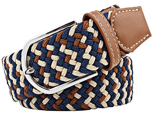 JK Home 3.3cm Wide 115cm Braided Stretch Belt, Elastic Woven Waist Belts with PU Leather Buckle, Casual Men Women Canvas Belt