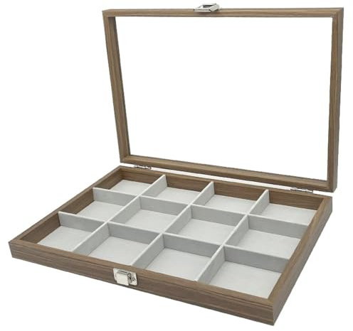 Holz Schmucklade 12 Fächer für Schmuck Ringe Ohrringe Halsketten Armbänder Schmuckkoffer Schmuckkasten Schmuckbox Aufbewahrung Schmuckdisplay Deckel aus Echtglas Schmuckschatulle