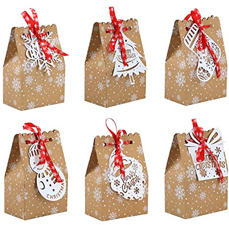 AITUOSI 24 Stück Weihnachten Kraftpapier Geschenkboxen, Weihnachten Beutel Boxen für Geschenkverpackung, Süßigkeiten, Pralinen, Kekse, Weihnachtsfeier Essen (6 Stile)