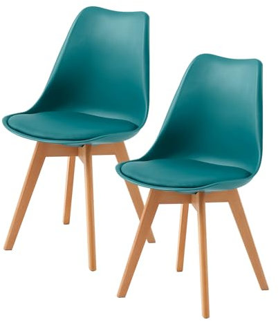 EGGREE 2er Set Esszimmerstühle mit Massivholz Buche Bein SGS Geprüfter, Skandinavisch Design Gepolsterter aus PU-Leder Küchenstuhl Essstühle, Türkis