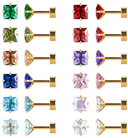 12 Paare flache Rückseite chirurgischen Edelstahl Ohrstecker, Schraube zurück Herz Stern Quadrat Teardrop vergoldet CZ Birthstone Ohrstecker Set Gold Quadrat 3mm