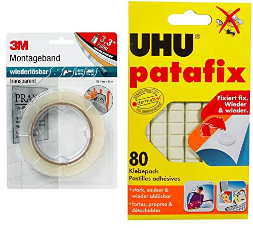 3M Wiederlösbares Montageband, doppelseitiges Klebeband für Innen- und Außenanwendungen, 19 mm x 5 m x 0,8 mm, transparent & UHU patafix weiß, wieder ablösbare Klebepads, 80 Stück