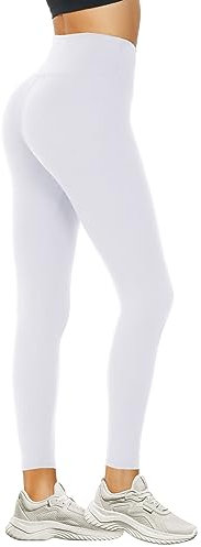 DDOBB Leggings Damen High Waist Sportleggins Lang Schwarz Leggins Blickdicht Bauchweg Sporthose Elastisch Yogahose Gym Festival Outfit(#01-Weiß, (DE42-48)=L-XL)