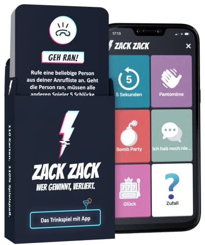 Zack Zack - Kartenspiel - Trinkspiel mit App - 110 Spielkarten - Mehr als 1000 Aufgaben - Partyspiel - Saufspiel - Geschenkidee