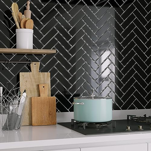 Livelynine Piastrelle Adesive Bagno 30x30CM Piastrelle Adesive Cucina Nere A Spina di Pesce 16 Piastrelle Impermeabile Paraschizzi Cucina Adesivo Mattonelle Adesive Cucina 3D Nere Pannelli Decorativi