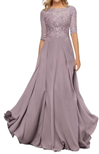 HYEC7 Women's Lace Appliques Mother of The Bride Dresses 3/4 Sleeve Long Formal Evening Dresses A Line Prom Dress Mauve