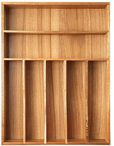 Besilord Organizador de cubiertos para cajón de cocina, organizador de utensilios, soporte de cubiertos de madera de acacia, bandeja organizadora de cubiertos para cajón, 7 compartimentos, acacia