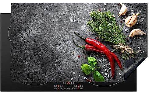 KitchenYeah© Herdabdeckplatte Einteilig Küche Ceranfeld Abdeckplatte Cerankochfeld Abdeckung Induktionskochfeld Schutzmatte Pfeffer - Kräuter - Gewürze - Beton - 91.2x52 cm
