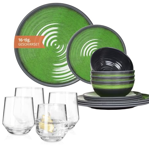 Melamin Camping Geschirr Set 4 Personen Stone Green + 4 Milano Gläser Wassergläser Tafelgeschirr Picknick BBQ Kochgeschirr