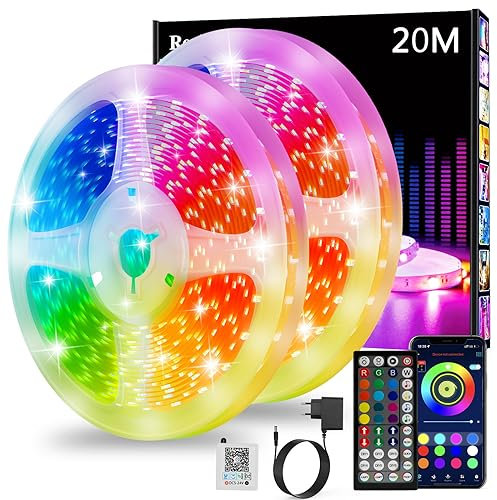 LED Strip 20 m, RGB LED Strip, Bluetooth Smart LED Band, Self-Adhesive, LED Strip with Remote Control and App, Dimmable, Music Sync, Timer Setting for Gaming Room, Room, Kitchen, Party (2 x 10 m)