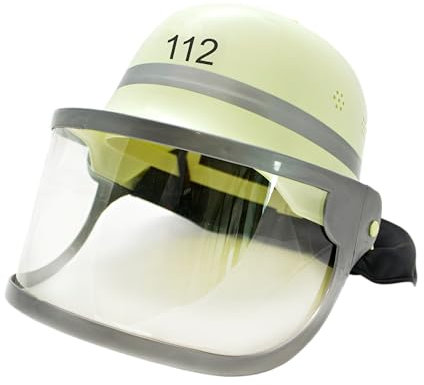 BestSaller 1401 Kinder-Feuerwehr-Helm mit Klappvisier, deutsches Original mit Sticker 112, beige/schwarz
