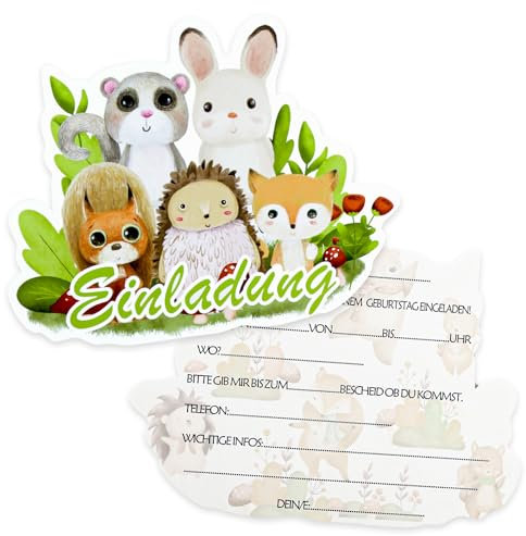 Aitsite 12x Einladungskarten Kindergeburtstag - Waldtiere Design Geburtstagsfeier Kinderparty Einladungskarte - Mädchen Jungen Kinder Eintritt Einschulung und Geburtstagseinladungen