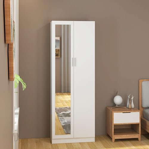 2 Door Mirrored Wardrobe with Hanging Rail Wooden Clothes Storage Cupboards Unit for Bedroom Furniture 72 x 47 x 170 cm (White)