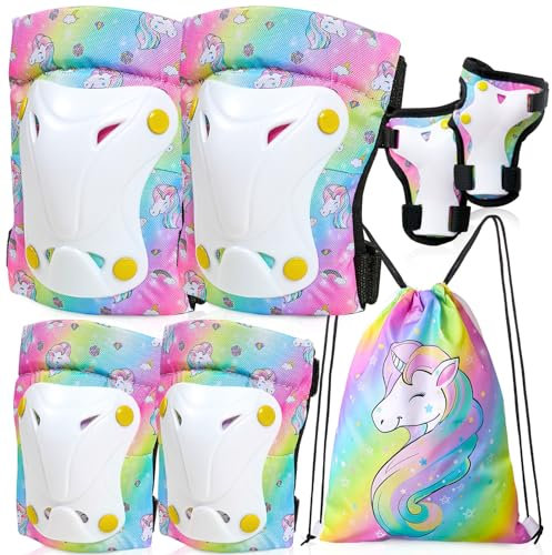 Unicorn Castle Rodilleras y Coderas de Unicornio para niños y niñas,Juego de Equipo de protección Ajustable 6 en 1 con Bolsa de cordón,3-8 años