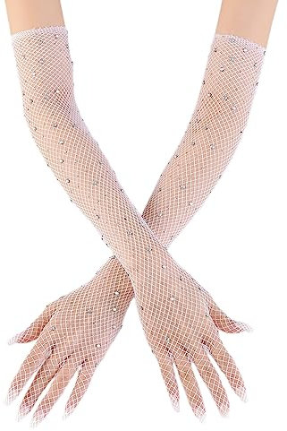 Wambere 1 Paar Lange Netzhandschuhe für Damen,Glitzer Strass Lange Handschuhe Fischnetz Handschuhe,Vintage Abendhandschuhe Operahandschuhe,für Hochzeit Halloween Maskerade Cosplay,Weiß