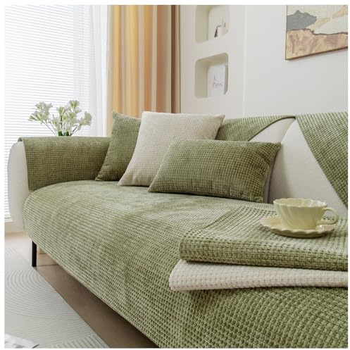 NUODWELL Weicher Chenille-Sofabezug für 1/2/3/4 Sitzer, universelle rutschfeste L-Form, Couchbezug, dicker Sofaschoner, gesteppte Eckenschonbezüge, waschbar für Wohnzimmer (Grün-B, 90 x 210 cm)