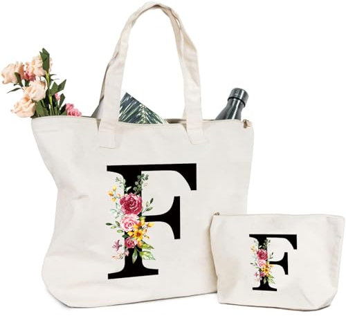Tragetasche und Kosmetiktasche mit Initial, Canvas Einkaufstasche mit Reißverschluss, Personalisiert Initialen Baumwolltasche Geschenk für Freundin Frau Mama Schwester Geburtstag Hochzeit Muttertag F