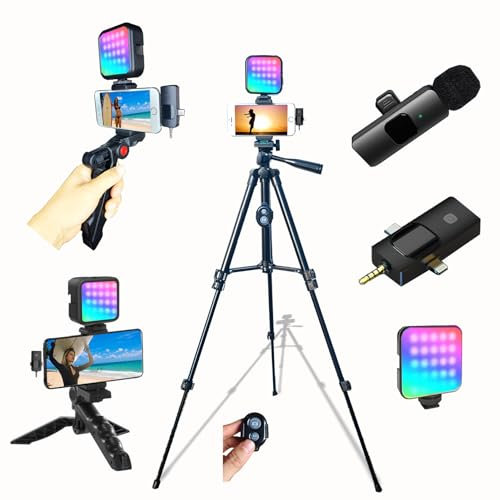 Carrotech Vlogging-Kit für iPhone, Vlogging-Kit für Android-Telefone mit zwei Stativen, RGB-Licht, Lavalier-Mikrofon, Fernbedienung für YouTube, Tiktok Content Creator (Gesamthöhe 50,8 cm bis 152,4