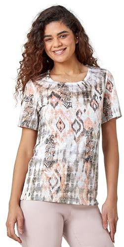 Roman Originals T-Shirt for Women UK - Ladies Tee Shirt Summer Top Holiday Day Causal Short Sleeve Blouses Round Crew Boat Neck Lightweight - Natural White Pink - Size 18