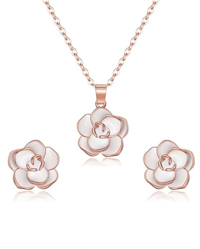 Clearine Rose Flower Necklace Earrings Set Silver/14K Gold/Rose Gold Plated Hypoallergenic Jewellery Set Christmas Mothers Day Valentine's Day Jewellery Gift for Women