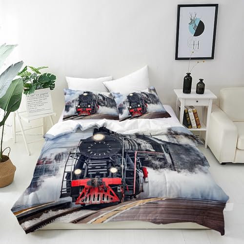 ANHOPE Retro Locomotive Dampf Zug Bettwäsche Set 3 Teilig Weich Bettbezug 200x220 cm & 2 Kissenbezug 80x80 cm Microfaser Bettbezüge Set mit Reißverschluss Bettdeckenbezug für Kinder Jungen Mädchen