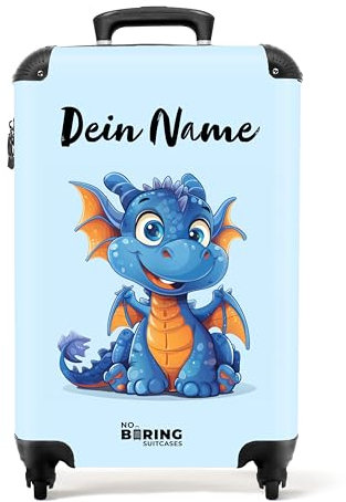 NoBoringSuitcases.com Kinderkoffer Jungen, Reisekoffer Personalisiert, Koffer 4 Rollen, Kinder Reisekoffer, Koffer Kinder Jungen, Kindertrolley, Handgepäck 55x40x20 cm (Drache - Blau-Orange)