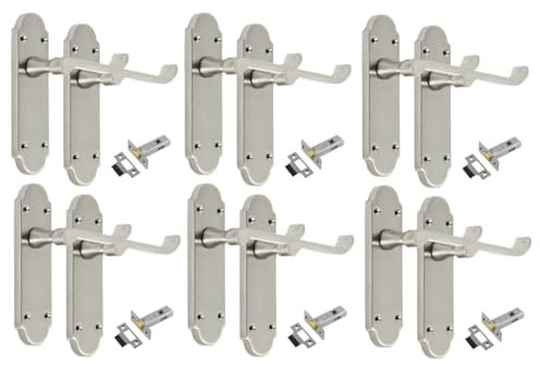 Satin Nickel Scroll Door Handle Set with Tubular Latches - Victorian Style Internal & External Lever Door Handles with Backplate 170mm x 42mm (6 Pair of Latch Handles + Tubular Latch)