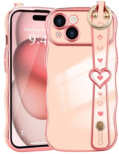 LLZ.COQUE for iPhone 15 Case with Strap Cute Love-Heart, Curly Wave Frame Luxury Plating for Women Girls Cover, Shockproof Anti-fall Silicone Phone Case for iPhone 15, Pink