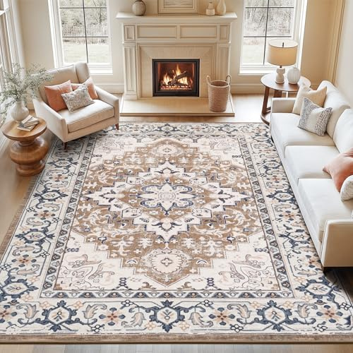 Lofus 8x10 Area Rugs for Living Room, Washable Area Rug, Rugs for Bedroom, Kitchen, Vintage Boho Carpet, Soft Non-Slip, Low Pile Large Area Rug for Office Dining Room, Floral Brown