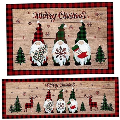 2pcs Küchenteppiche Sets, Weihnachts -Küchenteppichsets von 2 Gnome Themen -Weihnachtsteppich Non Slip Kitchen Teppiche Winter Frohe Weihnachtsdekorte Teppich für Küche, Stil 1, Weihnacht Teppich