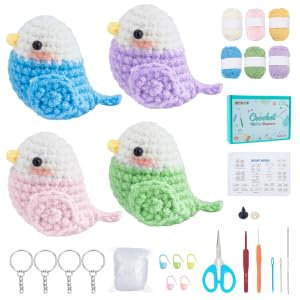 FREEBLOSS 4 Set Häkelset Für Anfänger Häkelvogelset Häkelschlüsselanhängerset Häkeltiersets Mit Schritt Für Schritt Videoanleitungen Garn Zum Häkeln Und Basteln Für Erwachsene