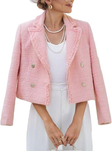 Donna Autunno Inverno Tweed Blazer Casual Doppio Petto Aperto Anteriore Ufficio Tasche Giacca Solida (Rosa,S)