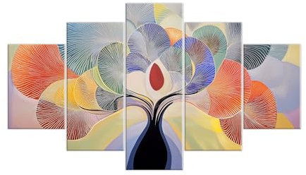 Lupia - Quadro Moderno 5 Pezzi su Tela, Grande Vogue, Tree Grand Leaves, 105x160 cm, Stampe ad Alta risoluzione, Facili da Appendere, Ideale per Soggiorno, Camera da Letto, Albero della Vita