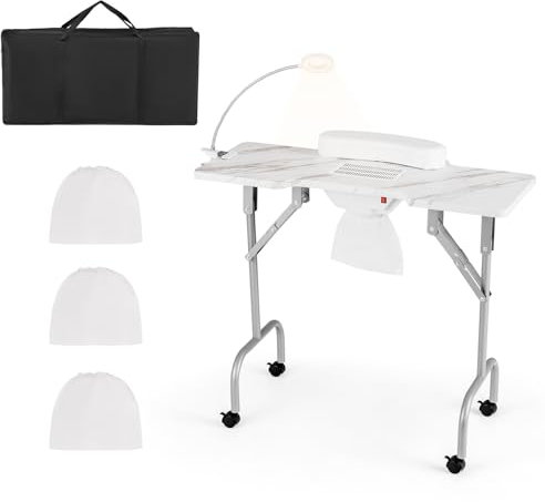 GOPLUS Table Manucure Professionnelle à roulettes Verrouillables, Table Onglerie Pliante Portable avec Aspirateur à Poussières, Lampe LED, Coussin de Poignet, Sac de Transport (Blanc)