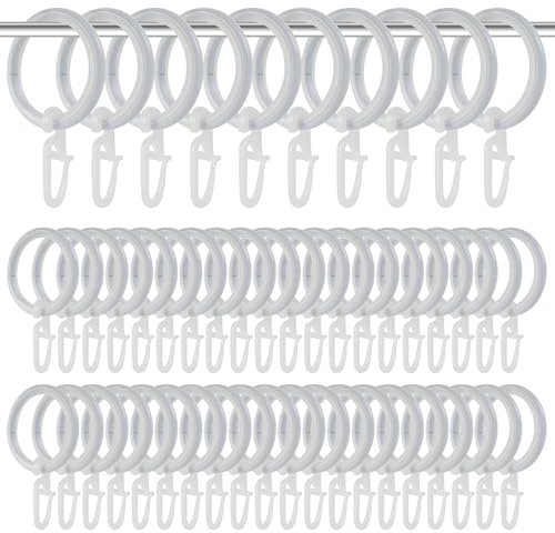 Dzmuero Gardinenringe, Gardinenringe mit Haken, 50 Stück Vorhangringe aus Metall mit Haken und Geräuschlosem Ring, Innendurchmesser 27 mm, Vorhangringe für die Meisten Vorhangstangen (Weiß)